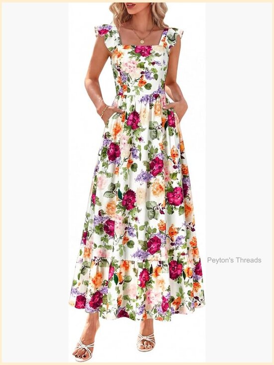 Dresses & Skirts - Ruffle Sleeve Square Neck Floral Boho Midi Dress Smocked Backless Tiered